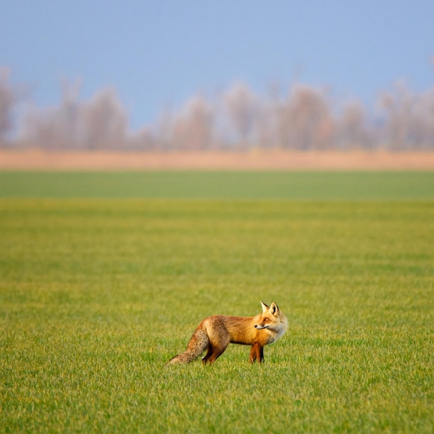 写真 緑の背景に赤いキツネvulpesvulpesの肖像画