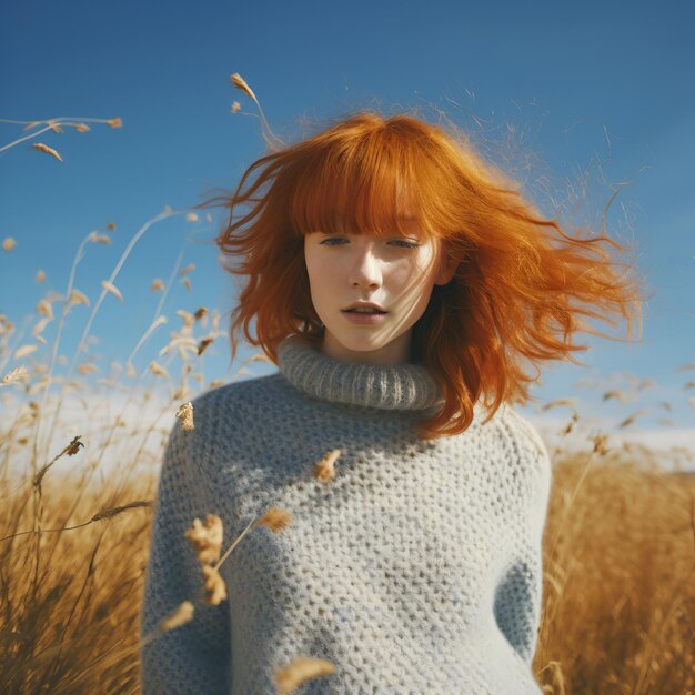 Фото Портрет рыжеволосой женщины на пшеничном поле