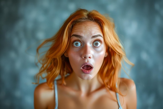 Фото Портрет рыжеволосой женщины с широкими глазами, выражающей шок и удивление на фоне размытого