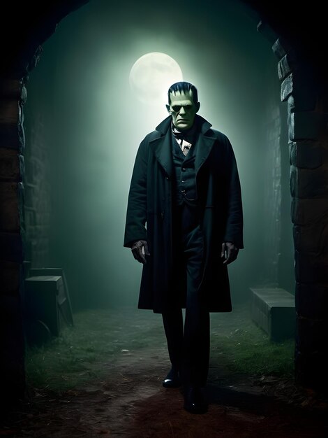 Фото Портрет страшного человека-победителя франкенштейна на темном фоне хэллоуина