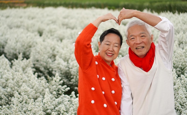 사진 웃는 아시아 노인 부부의 초상화 크리스마스 계절 휴가 빨간색과  ⁇ 색