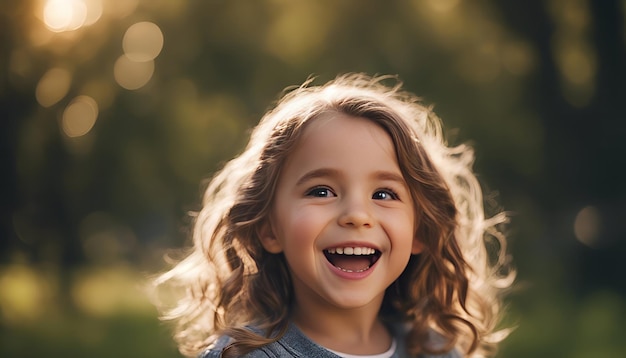 写真 公園で長い巻きの笑顔の小さな女の子の肖像画