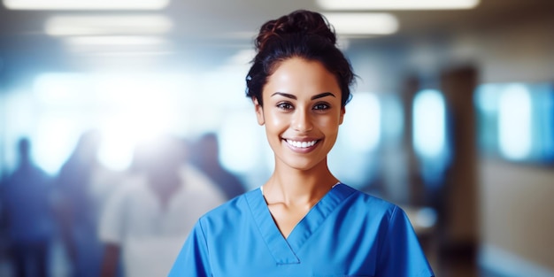Фото Портрет улыбающейся медсестры на размытом больничном фоне