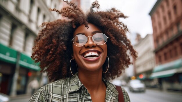 写真 都市で眼鏡をかぶった笑顔の若いアフリカ系アメリカ人の女性の肖像画