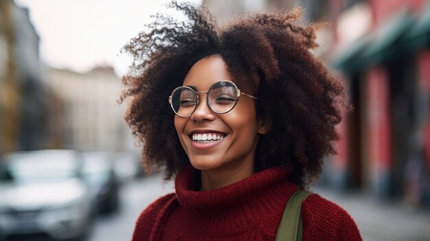 写真 都市で眼鏡をかぶった笑顔の若いアフリカ系アメリカ人の女性の肖像画