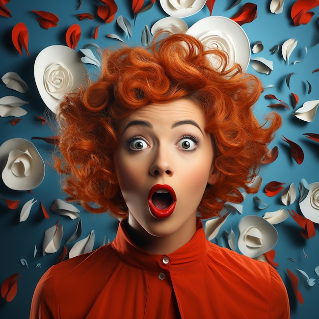Фото Портрет удивленной или шокированной молодой женщины с открытым ртом и широко открытыми глазами, рыжими волосами