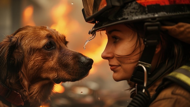 写真 女性消防士と彼女の犬の肖像画