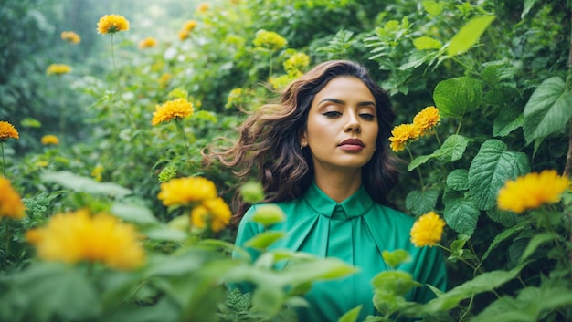 写真 黄色い花の茂った緑の庭の真ん中にカメラを見ている女性の肖像画 モデリング