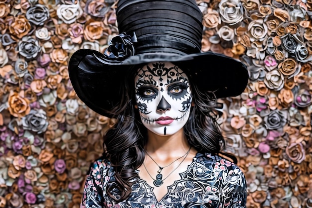 Фото Портрет женщины в черной шляпе и раскрашенном лице dia de los muertos в платье и макияже с золотыми и розовыми цветами на заднем плане празднование дня мертвых