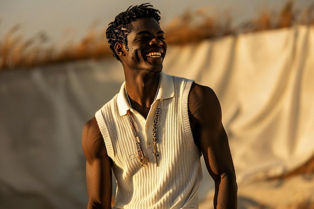 写真 野原でカメラに微笑む若いアフリカ人の肖像画