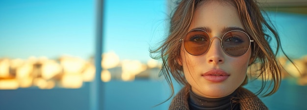 Фото Портрет молодой привлекательной брюнетки в солнцезащитных очках и позирует перед видом современного города