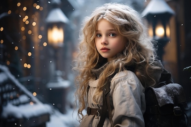 写真 クリスマスイブのランタンの明かりで街中で雪に覆われた髪を持つ美しい少女の肖像画