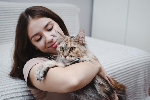 사진 집에서 고양이를 껴안고 있는 아름다운 젊은 여성의 초상화