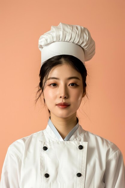 사진 따뜻한 복아 배경 에 전통적 인  유니폼 과 모자 를 입은 젊은 여성 요리사 의 초상화