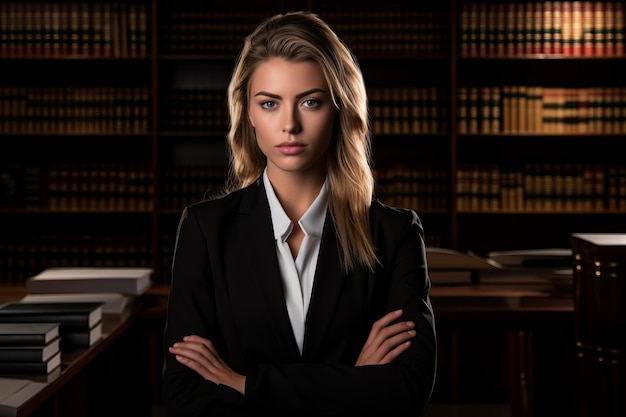 Фото Портрет молодой женщины-адвоката, стоящей в библиотеке