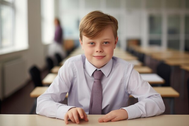 写真 小学生の友好的な男の子の肖像画 学校のホールで 優雅な学校制服を着ている