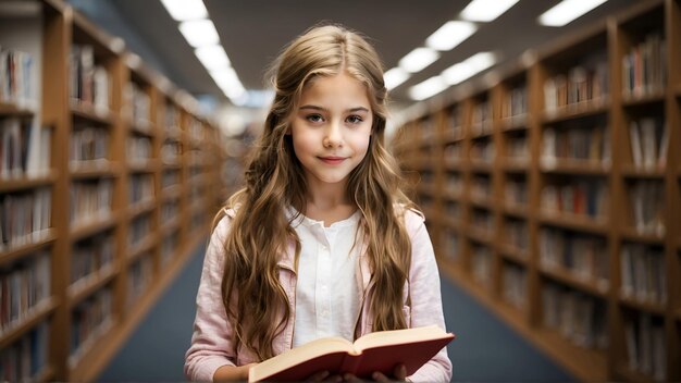 写真 図書館で本を読んでいる若い女の子の肖像画