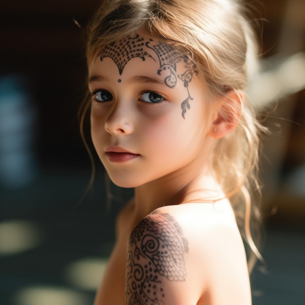 写真 顔と体に一時的なタトゥーをつけた若い女の子の肖像画