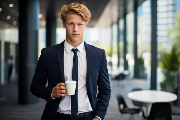 Портрет молодого человека в костюме, держащего чашку.