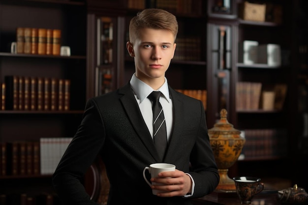 Portrait of a young man in a suit holding a cup of co118_block_0_0jpg(若い男がスーツを着てカップを握っている写真)