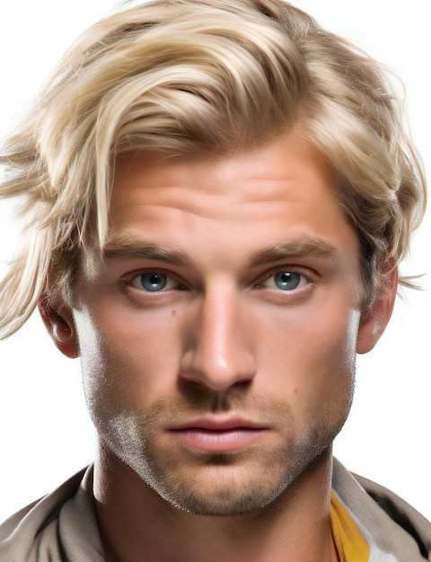 Фото Портрет молодого человека с светлыми волосами на белом фоне