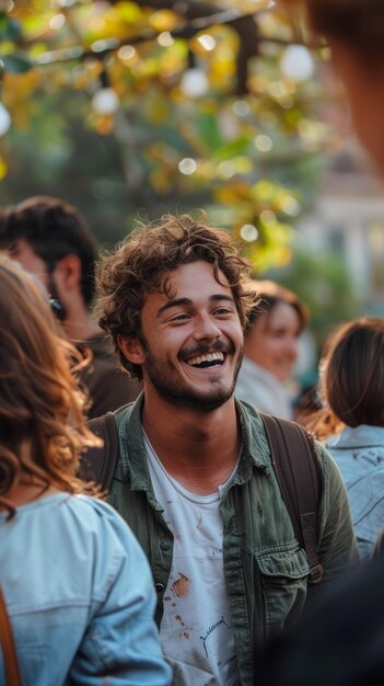 Фото Портрет молодого человека с кудрявыми волосами, счастливо улыбающегося на вечеринке