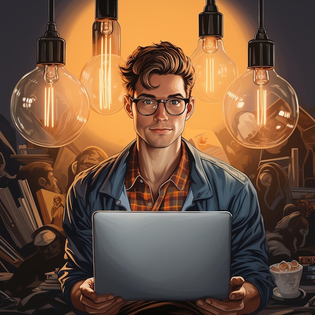 Фото Портрет молодого человека, работающего на ноутбуке, с большим количеством лампочек на заднем плане