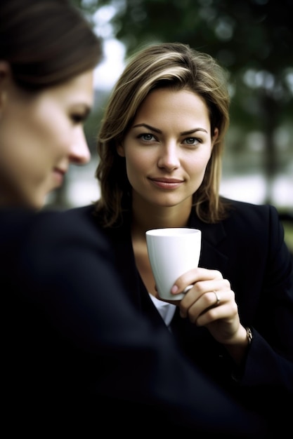 Фото Портрет молодой женщины, наслаждающейся кофе со своими коллегами во время встречи на улице