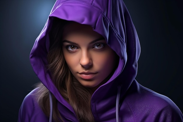 Фото Портрет молодой женщины в фиолетовом капюшоне на черном фоне ai generated