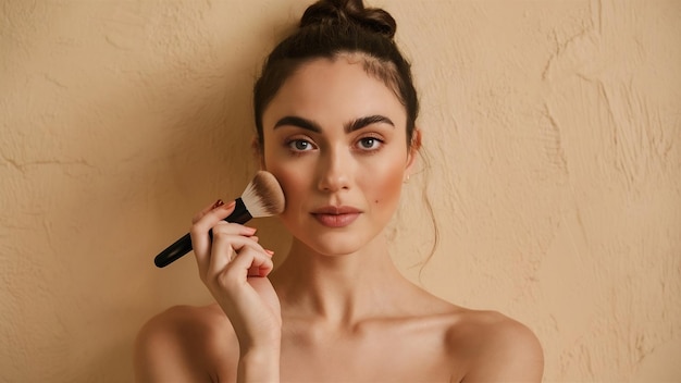 Фото portrait of a young woman on a beige wall with natural warm make up and smooth clean skin holding