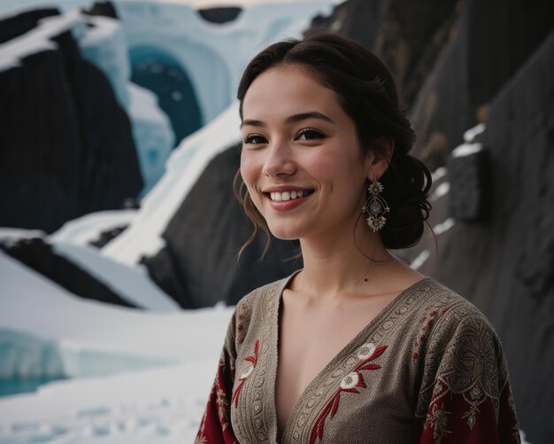 Фото Портрет молодой женщины, улыбающейся в камеру перед айсбергами.