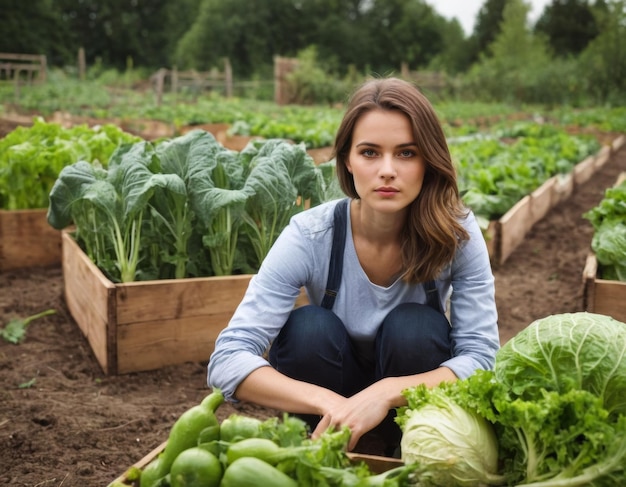 写真 庭で野菜の収をしている若い女性の肖像画 ai世代