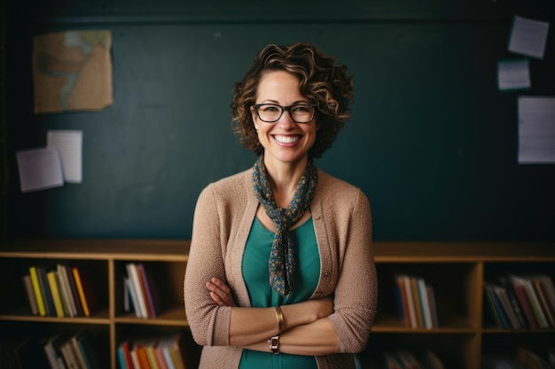 사진 학교 수업 시간에 팔짱을 끼고 웃고 있는 아프리카계 미국인 여성 교사의 초상화