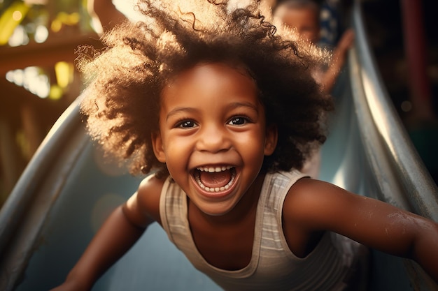 사진 행복한 표현으로 슬라이드를 연주하는 아프리카 소년의 초상화 ai generative
