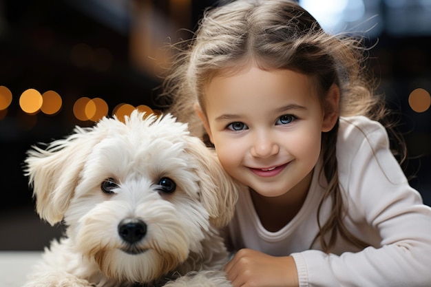 写真 白いラップドッグを持つ可愛い小さな女の子の肖像画