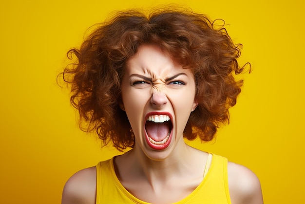 Фото Портрет разгневанной женщины на желтом фоне