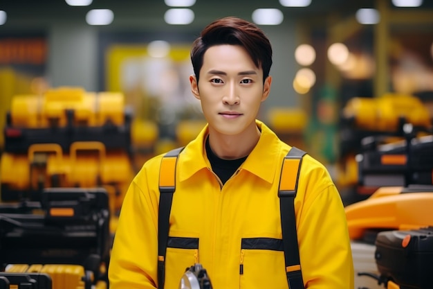 사진 노란색 오버롤을 입은 아시아인 남자가 상점에서 특수 도구를 판매하는 초상화