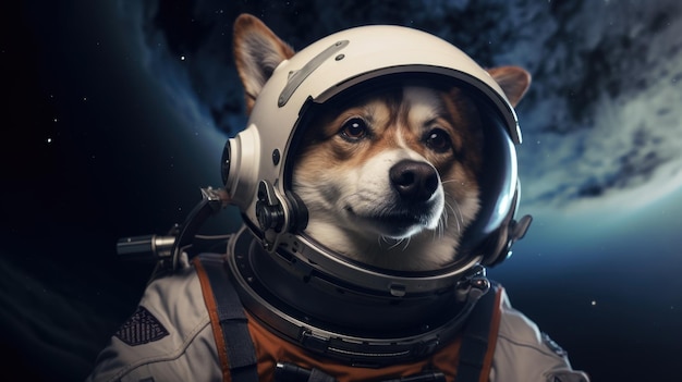 写真 宇宙服を着た宇宙飛行士の犬の肖像画