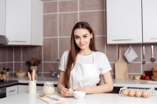 Фото Портрет привлекательной молодой женщины, пекущей на кухне, созданный с помощью генеративного искусственного интеллекта