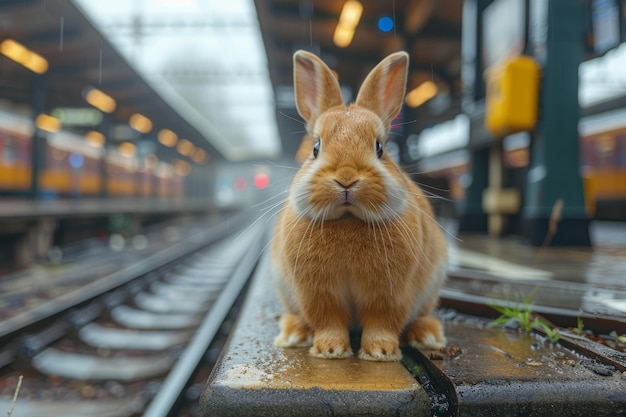 사진 기차역에서 부활절 토끼의 초상화