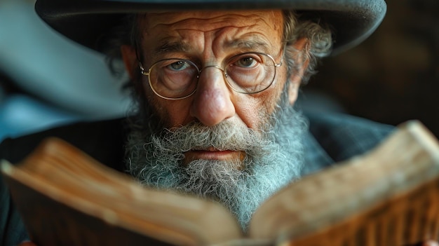 Фото Портрет старика-еврея с длинной серой бородой и усами в шляпе, читающего книгу