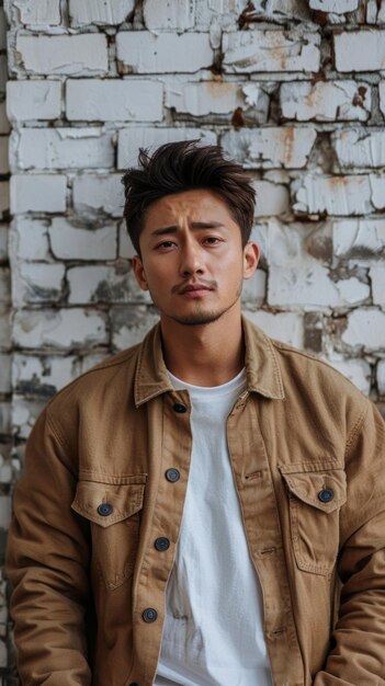 Фото Портрет привлекательного азиатского мужчины на фоне белой кирпичной стены