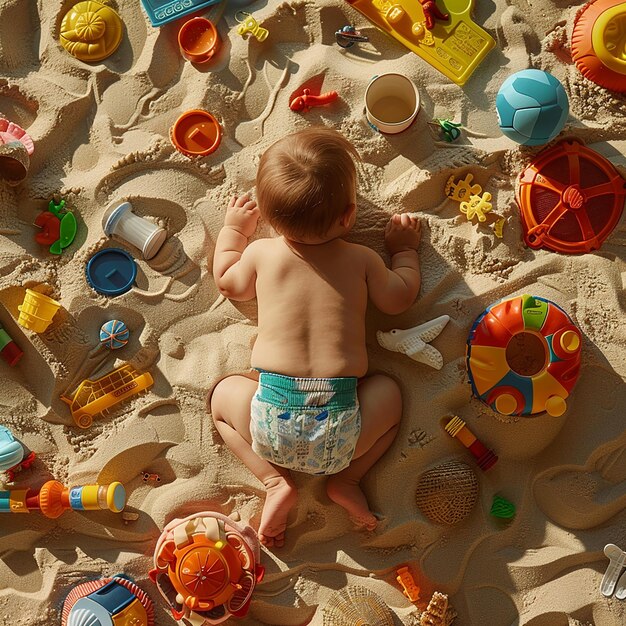 写真 砂の城を建てる赤ちゃんの肖像画