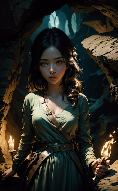 사진 동굴에 있는 아름다운 소녀의 초상화 아름다운 불 소녀 사진 사랑스러운 게임 캐릭터 소녀