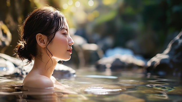 写真 温泉でリラックスしている美しい日本人女性の肖像画