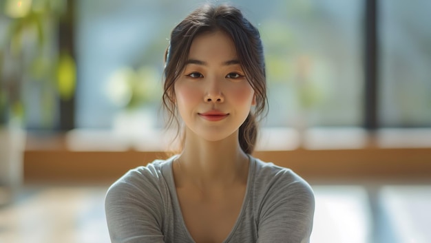 写真 portrait of beautiful korean yoga or pilates instructor in her yoga studio