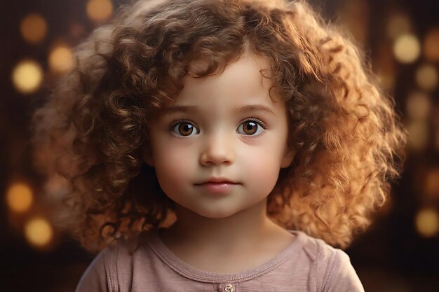 사진 방에서 곱슬머리를 가진 아름다운 작은 소녀의 초상화