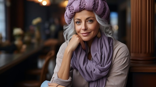 사진 보라색 스웨터와 모자를 입은 아름다운 고령 여성의 초상화