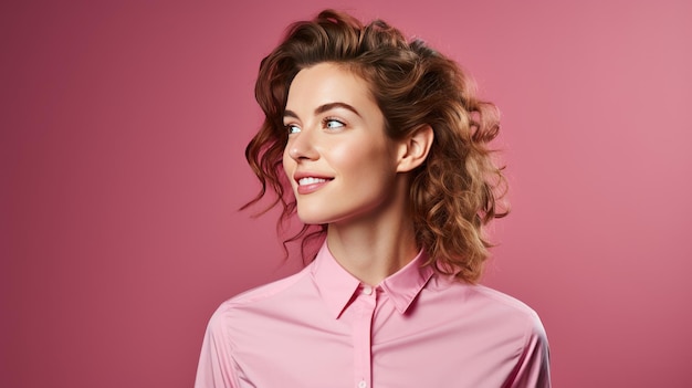 写真 ピンクの背景にピンクのシャツを着た美しい若い女性の肖像画
