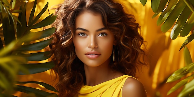 Фото Портрет красивой молодой женщины в желтой рубашке с тропическими листьями